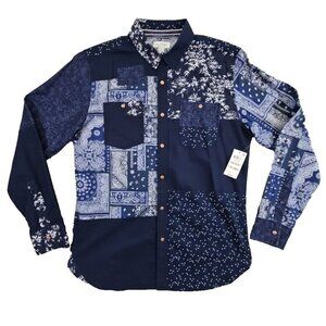 Sun + Stone Shirt Men's Medium Snap Button Long Sleeve Navy Blue Color Block NWT